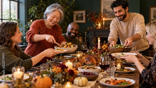 Adults Sharing Plates and Bowls at a Festive Table With Green Walls