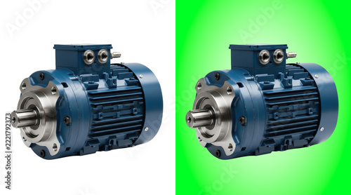 Industrial blue electric motor with metallic shaft and cooling fins on a transparent background
