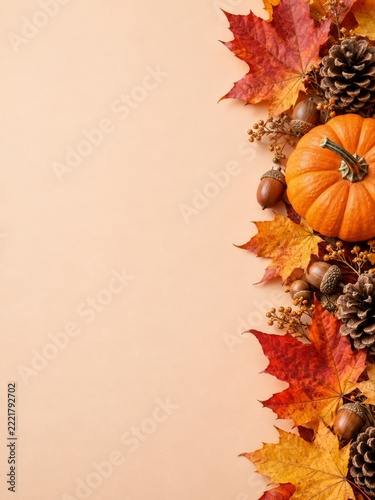 Pumpkin and Autumn Leaves Forming a Vertical Border on a Peach Background