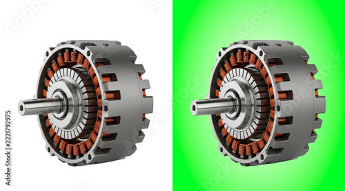 Industrial electric motor internal components isolated on a clean white background view