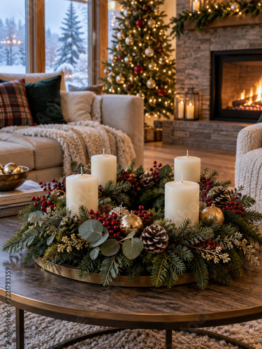 Eleganter Adventskranz mit vier unbeleuchteten weißen Kerzen vor Weihnachtsbaum und Kamin. Tannengrün, Eukalyptus, rote Beeren, goldene Kugeln und Zapfen bilden eine stilvolle festliche Tischdekoratio
