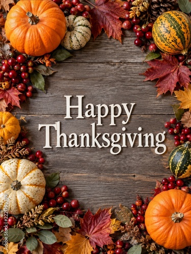 White Thanksgiving Greeting on Rustic Wood Framed by Gourds and Berries