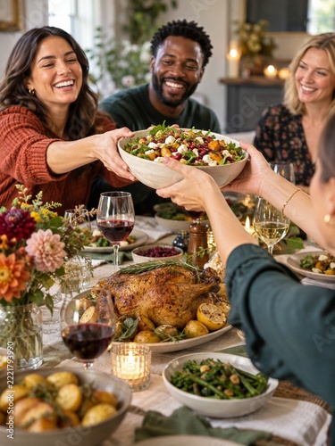 Friends Passing a Colorful Salad Bowl across a Festive Harvest Dinner Table