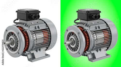 Industrial electric motor with metal housing and visible copper coils on white background