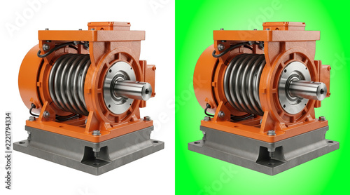 Industrial electric motor with orange casing and metal shaft isolated on a white background