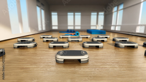Step boards arranged inside the gym or fitness center. 3D illustration