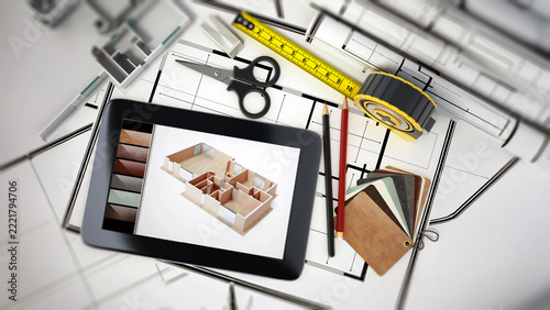 Home decorating tools standing on house bluprints. 3D illustration