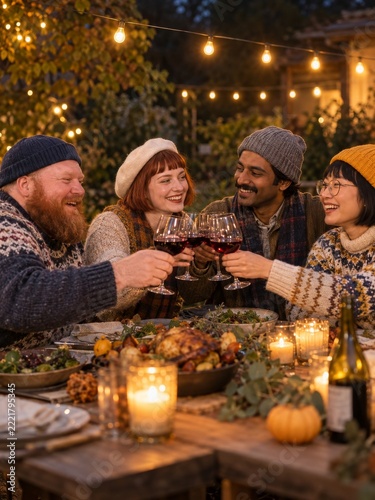 Four Friends Toasting with Wine at an Outdoor Autumn Dinner under String Lights