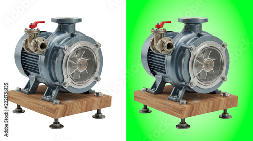 Industrial water pump with a red valve mounted on a wooden base on a white background cutout