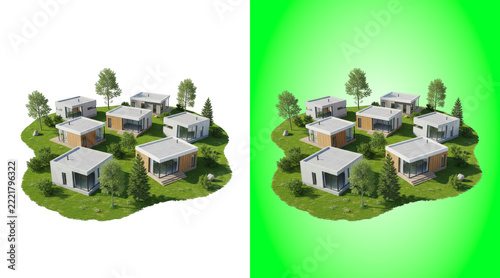 Isometric 3D view of a small suburban housing estate with trees, isolated on white background