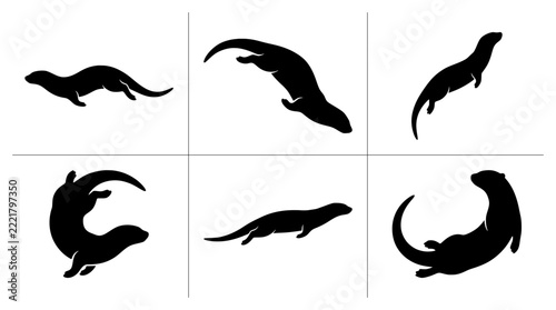 River otter silhouettes set with swimming and playful poses for wildlife design