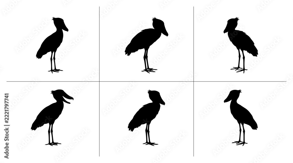 Fototapeta premium Shoebill bird silhouettes set with different poses for logo, signage and print