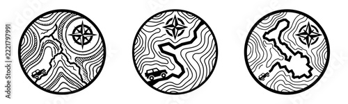 Off-Road 4x4 Trail on Topographic Contour Map Vector Set, Round Adventure Compass Badges Clipart