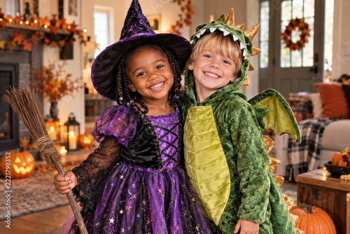 Two Smiling Children in Witch and Green Dragon Costumes at Halloween
