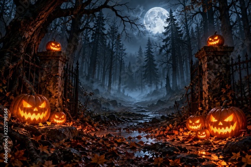 Glowing Pumpkin Lanterns at a Misty Forest Entrance under the Full Moon
