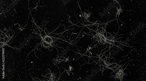 Abstract texture of tangled white hair strands on a black background