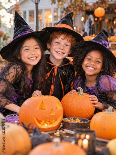 Happy Children Wearing Witch Hats at a Festive Halloween Pumpkin Party