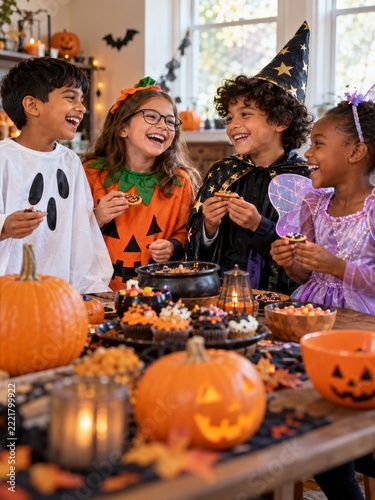 Laughing Children in Colorful Costumes Enjoying a Halloween Treat Party