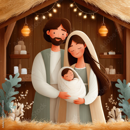 Christian nativity scene illustrating mary and joseph kneeling in adoration before the newborn jesus christ in a manger inside a humble stable. Surrounded by natural elements and soft twinkling lights