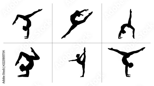 Gymnast silhouettes set with figures performing splits, leaps and handstands for sports and fitness logos