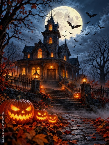 Haunted Halloween house with glowing pumpkins and flying bats under a full moon