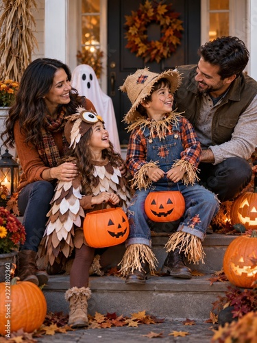 Happy family celebrating Halloween with children in handmade costumes on a porch