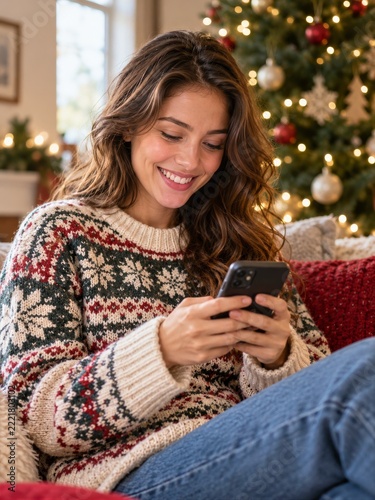 Smiling woman using a smartphone beside a softly glowing Christmas tree