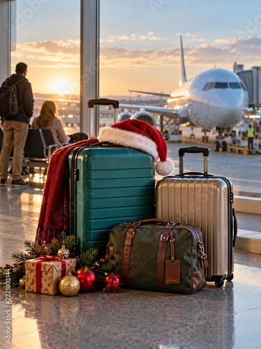 Assorted holiday suitcases by an airport window with a passenger airplane out...