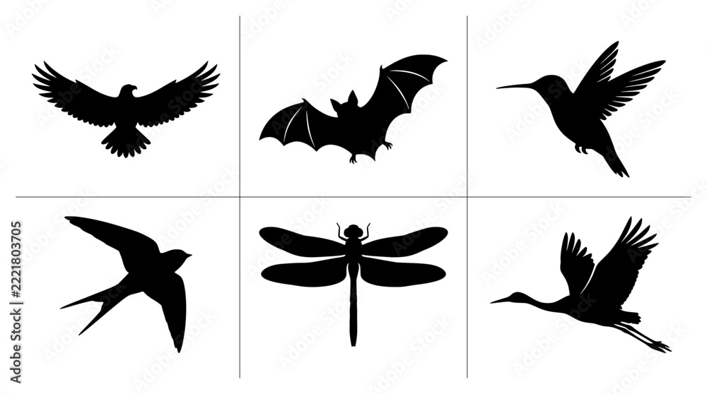 Fototapeta premium Flying animals silhouettes set with eagle, bat, hummingbird, swallow, dragonfly and crane for logo or icon