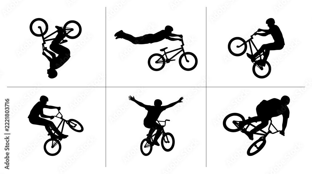Naklejka premium BMX rider silhouettes set with acrobatic stunts, extreme sports and cycling for logos and signage