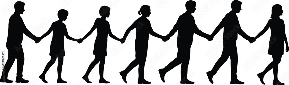 Fototapeta premium Group of diverse people holding hands in a line formation silhouette