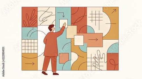 Creative Brainstorming, A lone designer organizes visual ideas on a large geometric concept wall
