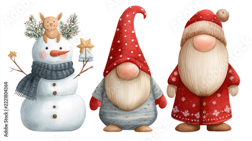 Watercolor illustration depicting an adorable group of snowmen, a rabbit, a penguin, and a gnome wearing cozy winter attire, ready for holiday festivities