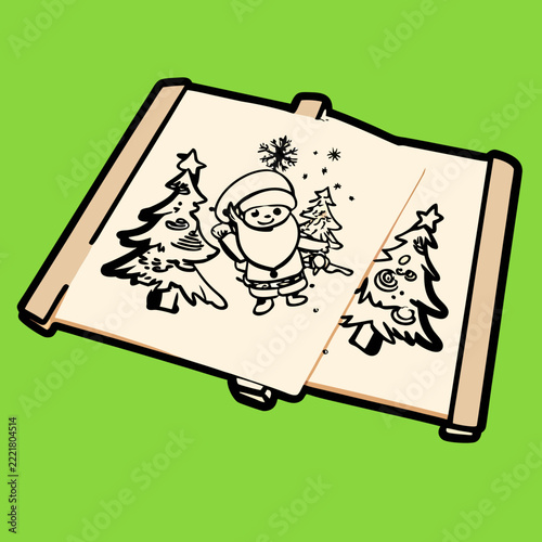 Christmas coloring book page with Santa and Christmas trees on a bright green background