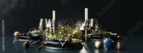 Christmas diner setup on black background. Elegant dining table top with Christmas decoration. 3D Rendering, 3D Illustration