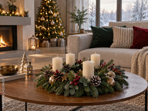 Rustikaler Adventskranz mit vier unbeleuchteten roten Kerzen, Äpfeln, Walnüssen und roten Samtschleifen. Die natürliche Weihnachtsdekoration auf dem Holztisch verbindet klassischen Landhausstil mit fe