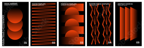 Fiery Orange Gradient Poster Template Set, Modern Geometric Cover Art with Stacked Spheres, Horizontal Lines, and Diamond Grids