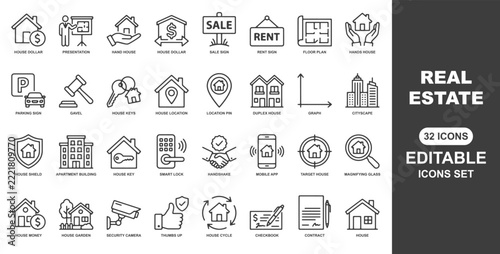 Real Estate web icons in line style. Rent, building, agent, house, auction, property, mortgage, home, realtor, collection. Editable stroke. Vector illustration.