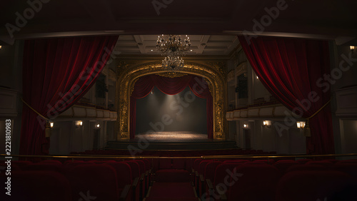 A majestic, high-ceilinged theater with ruby-red velvet curtains, sweep aside to reveal a grand, gilded proscenium arch, classy theater interior, created with generative ai