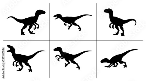 Velociraptor silhouettes set with dinosaurs in various poses for prehistoric themes
