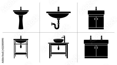 Bathroom vanity and sink silhouettes set with pedestal, basin and cabinet styles for interior design