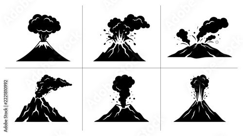 Volcano silhouettes set with eruptions and smoke plumes for natural hazard or geology themes