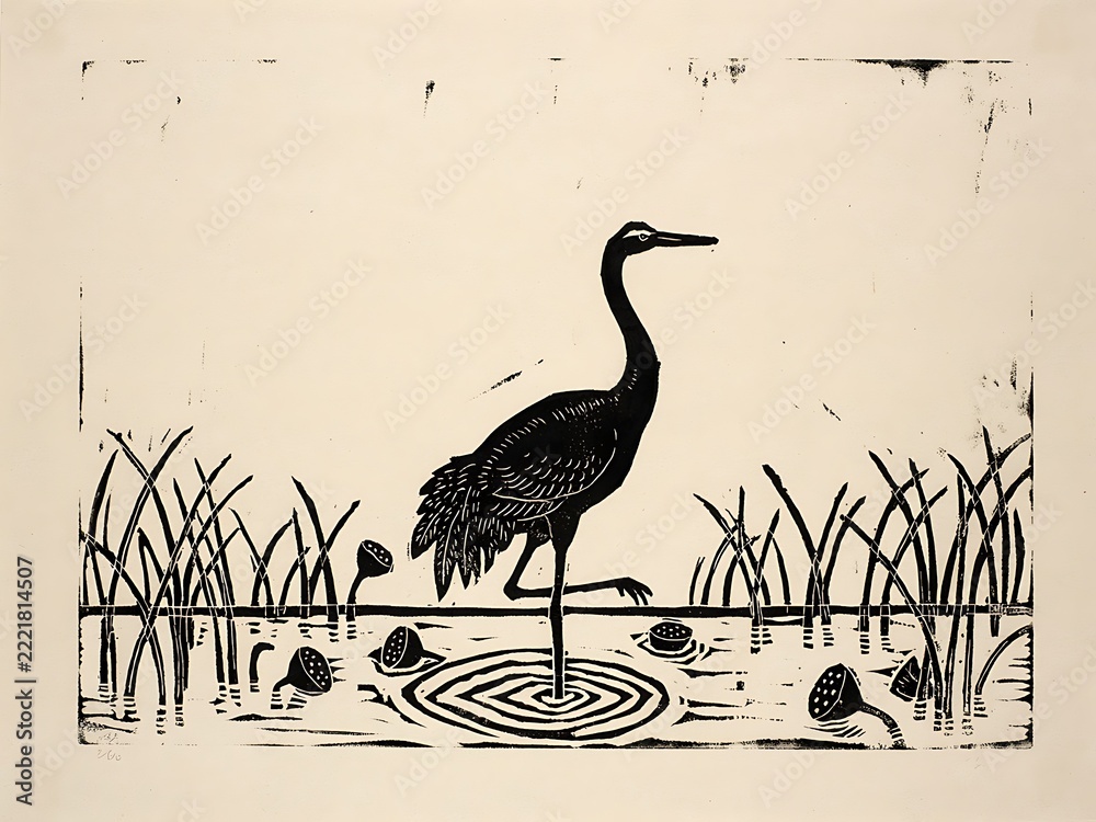 Fototapeta premium Black crane standing in shallow water with reeds