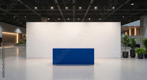 Photorealistic modern trade show booth mockup featuring a blank white backdrop wall and blue reception counter inside an empty convention hall.