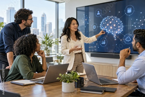 Diverse Business Team Discussing Artificial Intelligence Strategy in Office