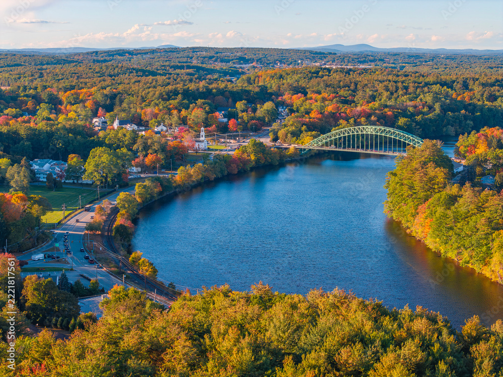 Fototapeta premium landscape of Merrimack river and bridge in Tyngsborough MA