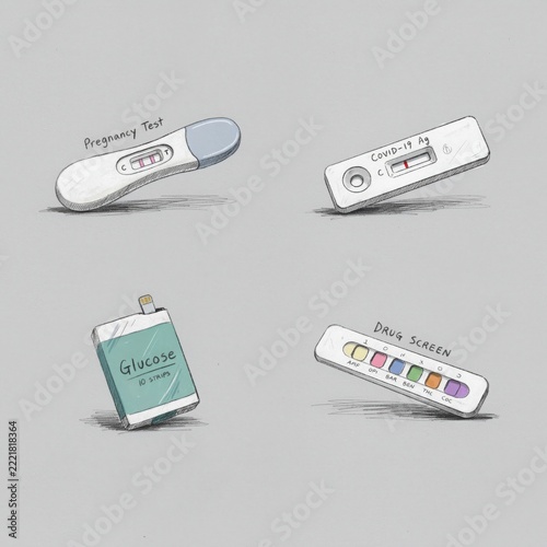 Illustrated medical test kits including pregnancy glucose drug screen covid rapid tests