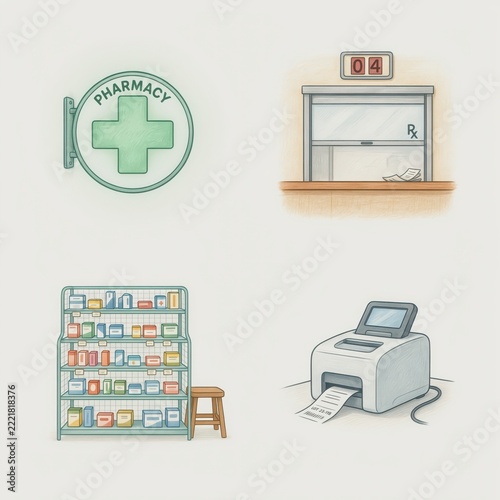 Illustrated pharmacy counter and medication storage shelf set