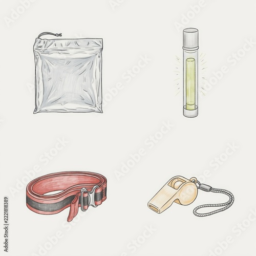 Illustrated survival kit items including whistle belt pouch and waterproof lighter