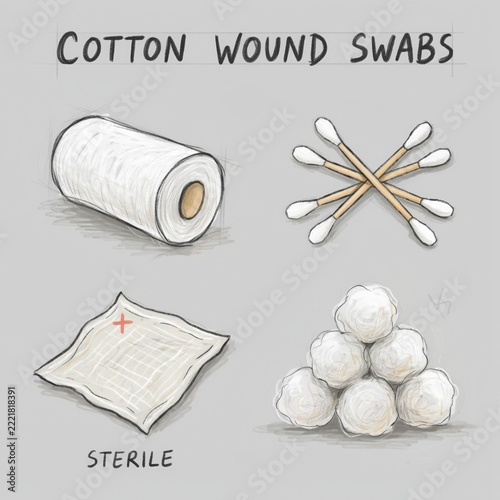 Illustration of different types of cotton wound swabs and sterile gauze